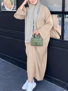 Einfarbiges elegantes Kleid für Frauen mit rundem Ausschnitt und Langarm, lässig anliegend für den täglichen Gebrauch