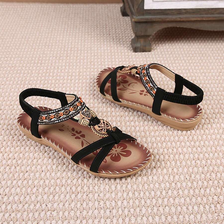 Women Sandals Blossom Print Elastic Sandals Soft Bottom Walking Shoes - màu đen - Xem 1