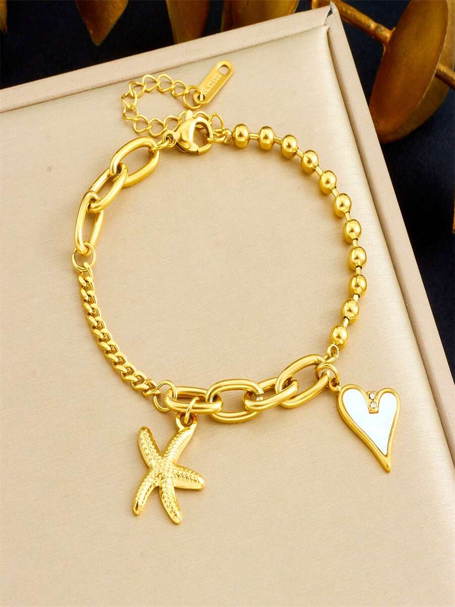 1 简约百搭不对称不锈钢链式手链，多种拼接方式，镀金海星白贝壳心形吊坠，女士珠宝