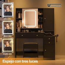 Gran tocador con espejo iluminado deslizante y taburete, mesa de maquillaje con soporte para secador de pelo - Negro - Ver 5