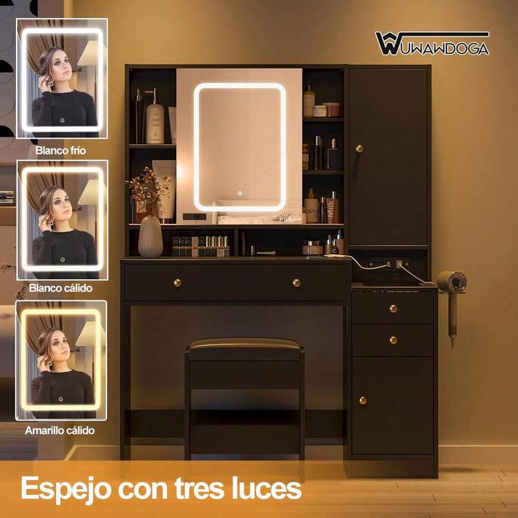 Gran tocador con espejo iluminado deslizante y taburete, mesa de maquillaje con soporte para secador de pelo - Negro - Añade 5
