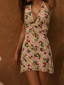 Womens Boho Floral Print Halter Neck Bodycon Dress Summer V Neck Sleeveless Backless Ruched Party Mini Dress Beach Vacation Sundress - Màu xanh lam - Xem 5