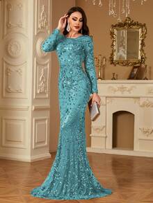 hezixi Stretchy Sequin Dress, Extremely Comfortable Fit For Various Figures, Sheer Round Neck Long Sleeve Bodycon Mermaid Hem Design, Solid Color Elegant Luxury Maxi Dress For Women, Enhances Youthful Charm, Suitable For Parties, Graduations, Weddings And Other Occasions. - 草綠色 - 查看 5