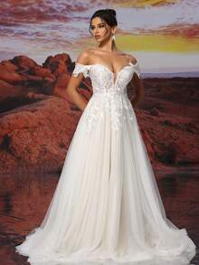 白色加固网眼和香槟色衬里露肩可拆卸薄纱长款A字形闪亮刺绣婚纱