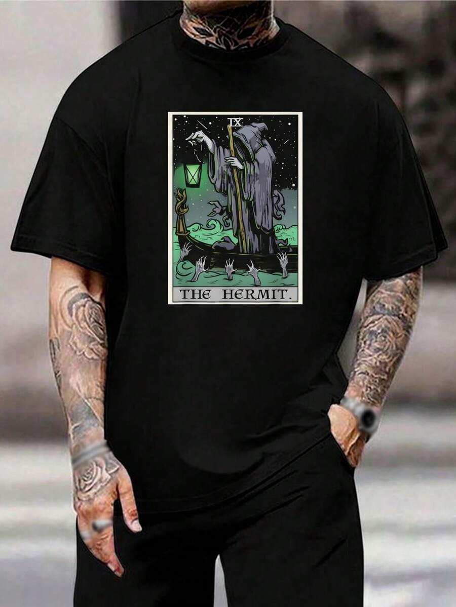 Camiseta de Tarot Ermitaño - Camiseta gráfica mística oculta para hombres y mujeres - Camiseta vintage de algodón negro espiritual - Estilo gótico - Negro - Ver 1