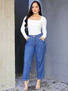 Women's Mom Jeans With Elastic Back Elegant Fashion - 深色水洗藍 - 查看 3