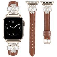 Leather Band Compatible With Apple Watch 38mm 40mm 41mm 42mm 44mm 45mm 46mm 49mm Women – Ultra-Thin Exquisite Sweatproof Comfortable – Simple Elegant Fashionable – Four-Leaf Clover Diamond Design – Compatible With Apple Watch Series 10 9 Ultra SE 8 7 6 5 4 3 2 1 – Replacement Band Accessories