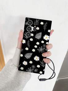 1pc Black TPU Daisy & Leaf Print Shockproof Phone Case With 1pc Black Silicone Wrist Strap, Compatible With IPhone, Compatible With Redmi 10/9/Note9/12C/Note11Pro/Note8Pro/9C/9A Protective Phone Case - Multicolor - View 2
