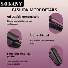 SOKANY Multi-Function Hair Straightener/Curler. Scald-Resistant Exterior Design, No Burn Hands. Negative Ion Function, No Hair Damage. Adjustable Temperature, LED Display, Temperature Clearly Visible. Suitable For Curling, Straightening, Thick & Soft Hair Textures. Applicable For Home, Salon, Dorm And More Scenarios.