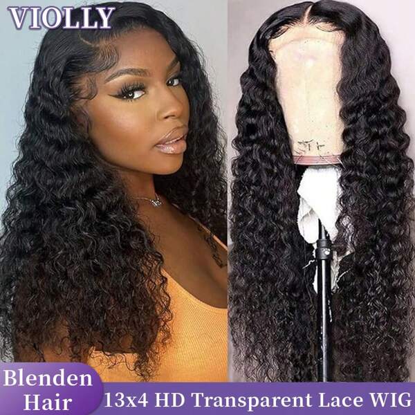 VIOLLY VIOLLY Tiefwelle Lace Front Perücke Echthaarperücke für 200% Dichte 13X4 Transparentes Lace Echthaar gemischt für mit Baby-Haar Naturfarbe