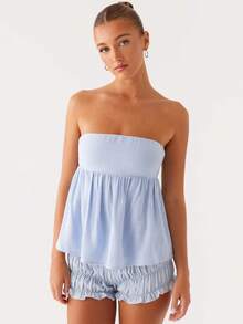 Women Summer Flowy Tube Top Y2k Solid Color Strapless Off The Shoulder Loose Fit Babydoll Bandeau Crop Tops Backless Sleeveless Going Out Tops Vests Shirts Casual Streetwear - Màu xanh lam - Xem 2