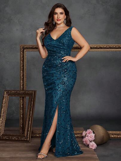 BluePlum Plus Size Elegant High-Quality Stretch Beaded Fitted Luxurious Personalized V-Neck Slit Long Dress, Formal For Wedding, Banquet, Party, Prom, Mother Of The Bride Formal Gown (Heavy Bead Embellished)