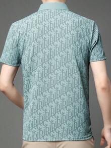 男士字母印花华夫格图案 Polo 衫，夏季轻便商务休闲装 - 綠色 - 查看 5