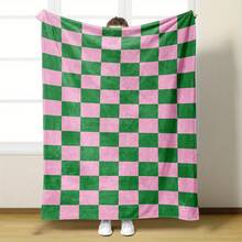 Soft, Warm Flannel Blanket - Pink And Green Plaid Pattern, Comfortable For All Seasons, Suitable For Sofa, Travel, Camping And Home Decor, Lightweight And Stylish, Made Of Polyester Fiber, Perfect For Modern Spaces