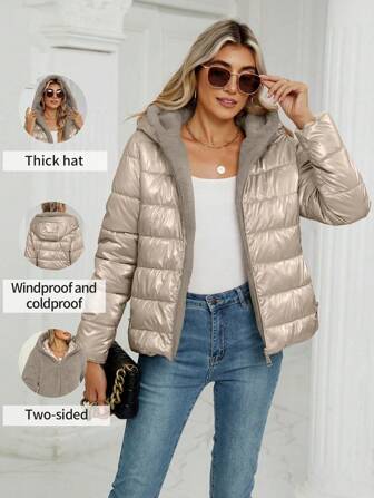 Damjacka med huva, vadderad och vanlig jacka för pendling och vardagsbruk, bekväm, lämplig för både höst- och vintersäsonger