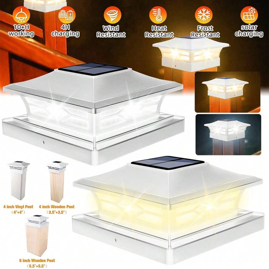 Solar Post Cap Lights 2-Pack, Solar Post Lights Outdoor Waterproof, IP44 Solar Powered For , 3.5x3.5", 4x4", 5.5x5.5" Vinyl/Wooden Posts, Decorate Deck, Patio, Porch, Fence - 白色 - 查看 1