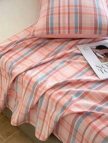 3 件套粉色格子床上用品套装（1 张床单 + 2 个枕套），柔软舒适的床上用品套装，简约风格，包含 1 张床单和 2 个枕套，无填充物，适用于宿舍、卧室，多种尺寸可选