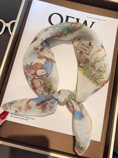 SHEIN MOD 1pc Beige Cute Bunny Pattern Women Square Scarf, New Luxury Feeling Chiffon Scarf, Versatile Spring & Autumn Neckerchief Accessory For Dress