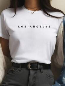 3 piezas Camiseta de mujer con impresión de lema y letra, manga corta, camiseta informal superior con gráficos de LOS ÁNGELES - Multicolor - Ver 3