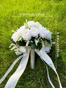 1PC Bridal Bouquet For Wedding; Lace Ribbon Tied Artificial White Rose Flower; Wedding Home Decoration; Wedding Ceremony; Bride's Hand-Held Flower; Church Wedding Ceremony Bridesmaid Prop; Outdoor Wedding Party Photography Decoration Prop