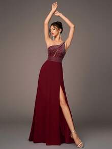 镶钻露背吊带高开衩系带长款正式礼服，优雅奢华的酒红色不对称修身高开衩晚礼服，适合音乐会、婚礼、派对、舞会、伴娘、情人节派对等正式场合。 - 酒紅色 - 查看 5