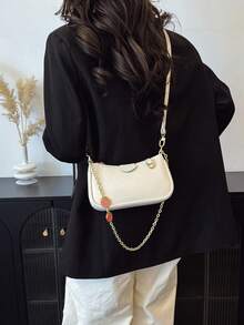 新款时尚经典小丑纯色PU防水面料单肩法棍包，草莓金属链条装饰腋下包，优雅手提包，商务通勤包，适合旅行、购物、派对、节日庆典 - 白色 - 查看 11