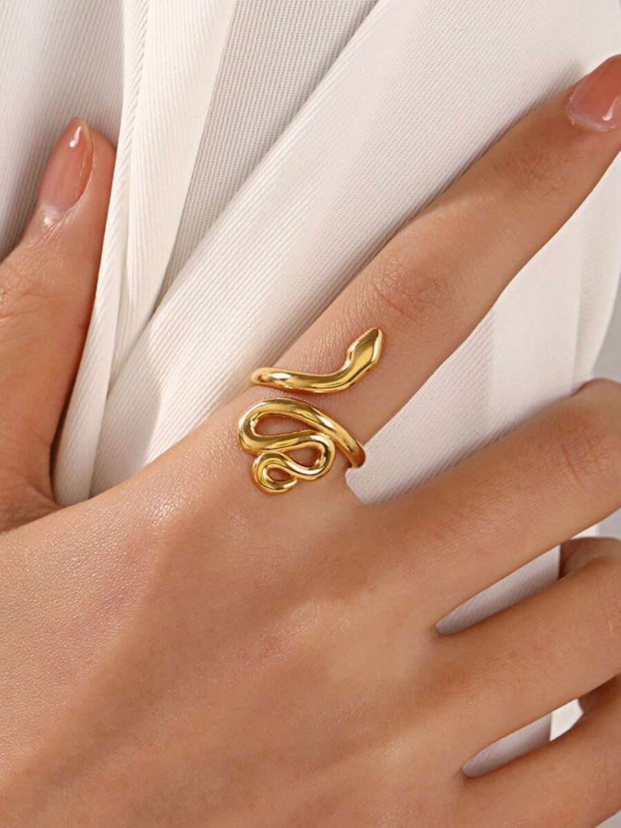 1 件朋克风格蛇形女士戒指，嘻哈风格蛇形戒指，金银不锈钢开口指环，2025 珠宝时尚配饰 - 蛇形 - 查看 1