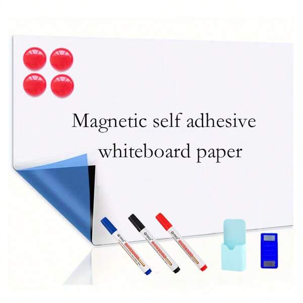 Whiteboard For Wall, 15.7*23.6in, 15.7*31.5in, 17.7*35.4in, 19.7*39.4inSelf-Adhesive Magnetic Contact Paper, Large Peel And Stick White Board Dry Erase Sheet, For Classroom Office Fridge Planner, With 3 Marker Pens, Pen Holder, Erase, 4 Magnetic Button. School Supplies, Back To School