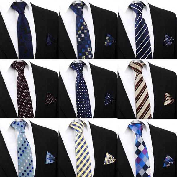 Men's Tie And Handkerchief Set, Elegant Polyester Diamond Grid, Dot And Striped Pattern, Versatile For All Seasons