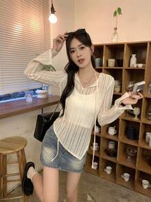 女士休闲不对称下摆长袖T恤，运动服，适合夏季和秋季春季穿着 - 杏色 - 查看 5