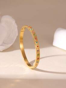 GEREIT 1 pieza Brazalete de acero inoxidable de 18k con flores de 5 pétalos asimétricas y circonita colorida, adecuado para uso diario y fiestas