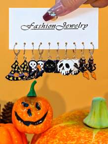 10 Stücke/50 Stücke neue Lustige Halloween Ohrringe, Gothic Schädel, Geistgesicht, schwarze Katze, Kürbis, Fledermaus Ohrhänger Schmuckset aus Zinklegierung für Frauen