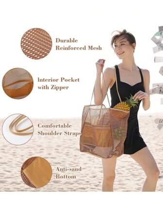 1 pièce Sac de plage pliable, sac fourre-tout en maille, sac à épaule pour femmes, essentiels de voyage d'été extérieur