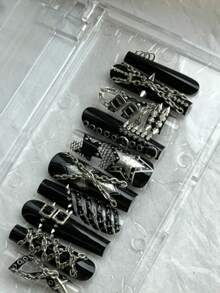 6 件套混合金属链条指甲饰品套装，枪黑色和灰色链条指甲装饰，INS 风格迷你配饰指甲用品指甲饰指甲宝石 - 淺灰色 - 查看 4