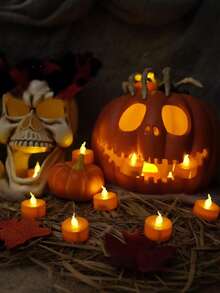 24pcs-Halloween Orange Tea Light Candle, Battery Operated LED Tea Light, Small Jack-O-Lantern With Warm White Bulbs, Flameless, Electric Fake Tea Candle Realistic Halloween, Jack-O-Lantern, Thanksgiving Decoration, Halloween Decoration, Autumn Decoration, Harvest Day Decoration, Room Decoration, Bedroom Decoration - Multicolor - View 5