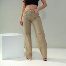 Black Wide Leg Jeans Ripped At The Knee 2665 - 卡其色 - 查看 3