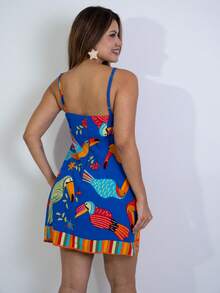 Short Printed Dress With Back Zipper - Teal Blue - View 4