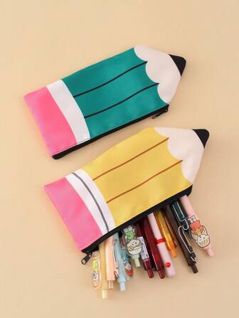 1pc, Large Capacity Pencil Pattern, Pencil Shaped Pencil Case/Cartoon Print Pencil Case, Cute Portable Travel Cosmetic Bag, Stationery Pencil Case, Miscellaneous Storage Bag, Perfect Back To School Pencil Case,School Supplies,Pencil Pouch,School Bag