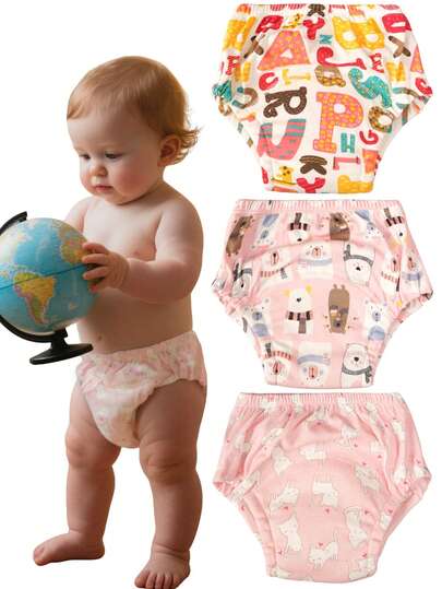 3 件可重复使用婴儿如厕训练裤，男女通用婴儿尿布内裤，可洗口袋布尿布，用于如厕训练，透气，多种粉色设计