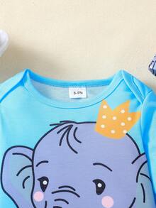 3pcs Newborn Baby Boy Outfit Set, Cartoon Elephant Print Bodysuit, Blue & White Striped Pants, Creative Pointy Hat, Gift For Kids, Autumn/Winter - Blue - View 3