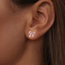 WOSTU 1 PC 925 Sterling Silver Pink Bow Stud Earrings Enamel Process Cute Hoop Earrings Stacked For Women Girl Original Fine Jewelry Gift