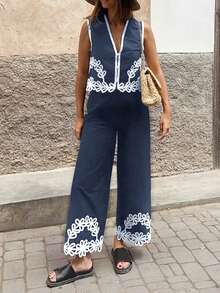 PoPoHouse 女士两件套波西米亚风刺绣蕾丝无袖上衣和阔腿裤套装 - 藏蓝色 - 查看 3