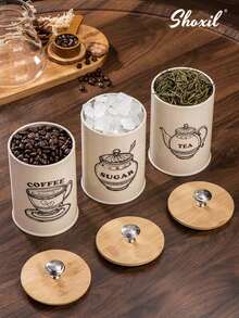 shoxil 3pcs Coffee, Sugar, Tea Canister Set With Airtight Bamboo Lid, Metal Leak-Proof Jars, Space-Saving Sealed Cans, Vintage Kitchen Container For Food Storage - Coffee & Tea & Sugar - View 6