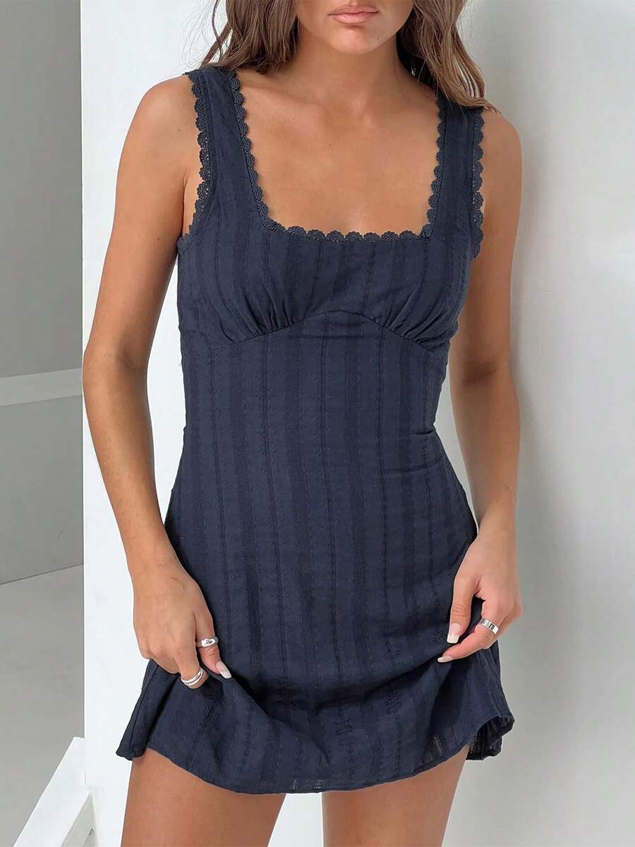 Womens Summer Tank Dress Sleeveless Square Neck Lace Trim Solid Color A-Line Dress Short Mini Dress - 藏蓝色 - 查看 1