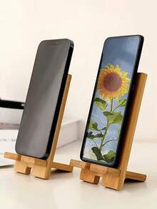 1pc Bamboo Phone Stand, Natural Material, Desktop Organizer & Charging Station Compatible With All Smartphones - Original Bamboo Color - View 2