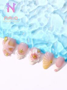 10 件/套短指甲杏仁形状优雅奶油贝壳条纹法式晕染设计手工假指甲带 3D 浮雕花朵、浮雕海星、海滩必备品、夏季按压式指甲贴片、短杏仁形状，适合日常使用、海滩、派对、礼物 - 随机包装按压式指甲指甲用品指甲 - 彩色 - 查看 2