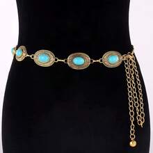 Women's Metal Chain Belt With Turquoise Oval Waistband - 金色 - 查看 1