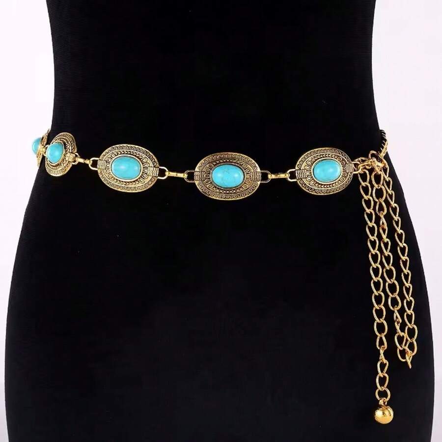 Women's Metal Chain Belt With Turquoise Oval Waistband - 金色 - 查看 1