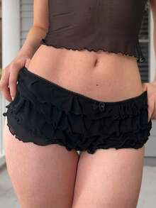 Womens Layered Ruffle Bloomers Bow Low Rise Mini Under Shorts For Dresses Summer Clothes - 黑色 - 查看 8