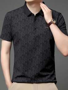 男士夏季字母迷你华夫格图案 Polo 衫，时尚翻领轻便商务休闲装 - 黑色 - 查看 4